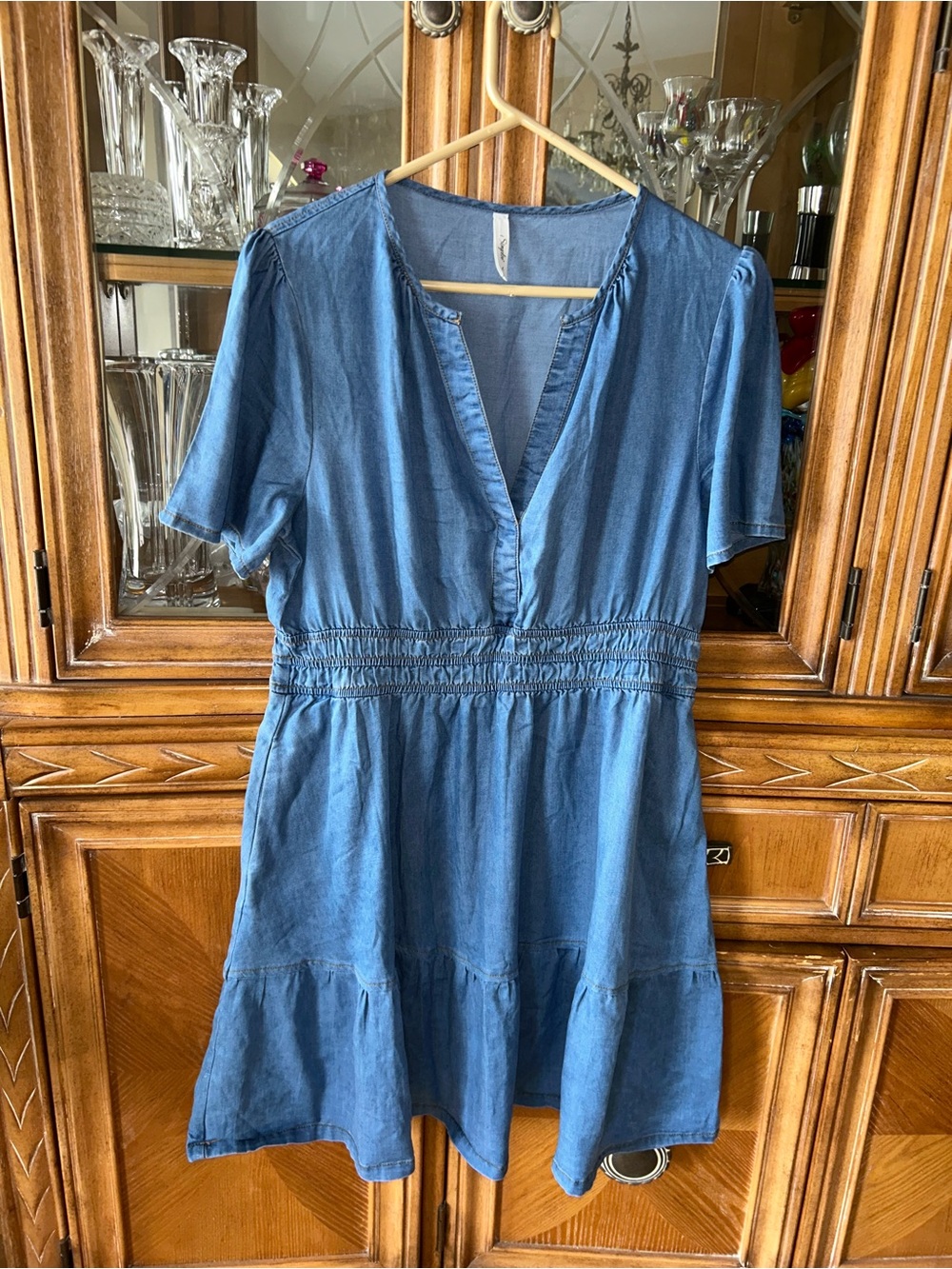 Simplee Blue Denim-Style Midi Dress with Smocked Waist